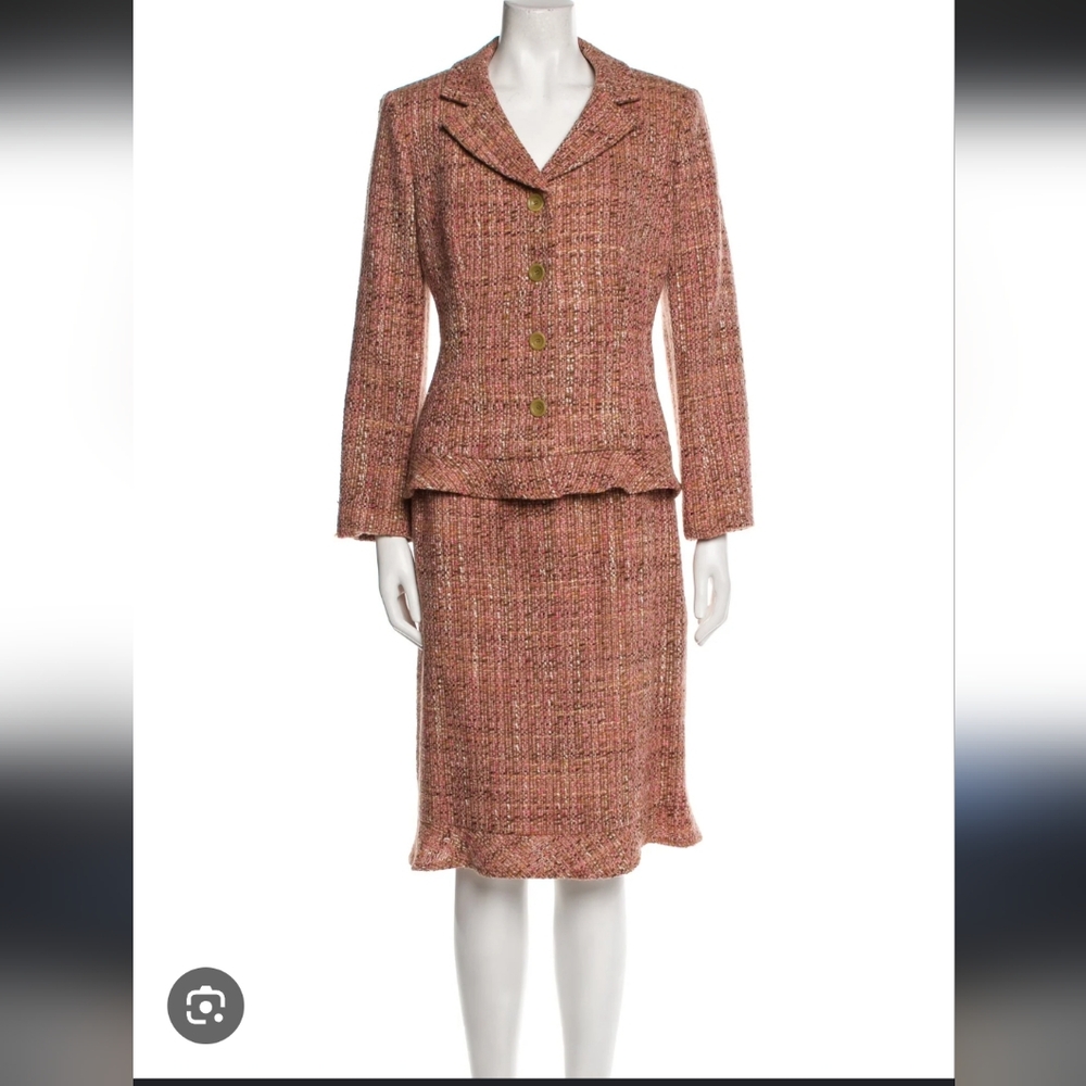 Neiman Marcus Exclusive Wool Blend Pink Tweed Ruffle Suit